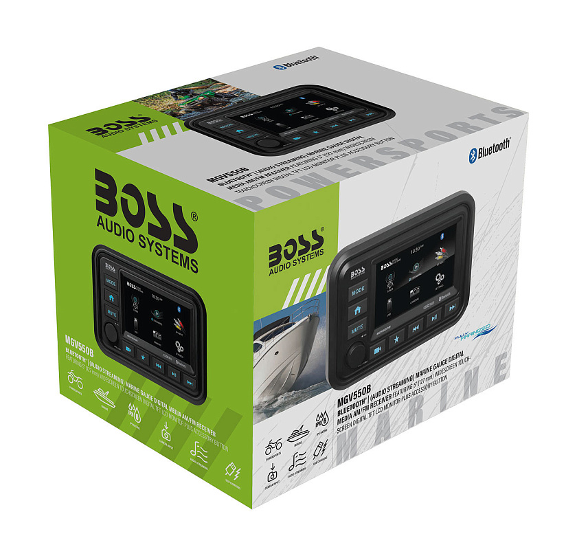 Морская магнитола BOSS Audio MGV550B с 5" сенсорным экраном, Bluetooth и видеовходами (влагозащита IPX6)