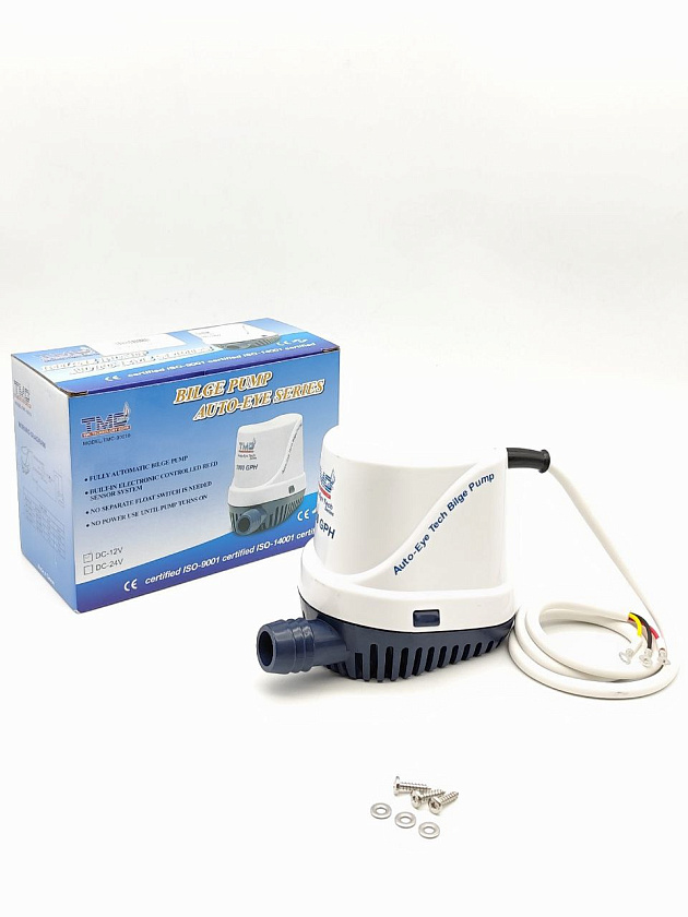 Автоматическая осушительная помпа TMC 12 вольт, 1000 GPH (3785 л/час) для лодки, катера, яхты (насос 12 В осушительный для откачки воды на судне / помпа трюмная водооткачивающая)