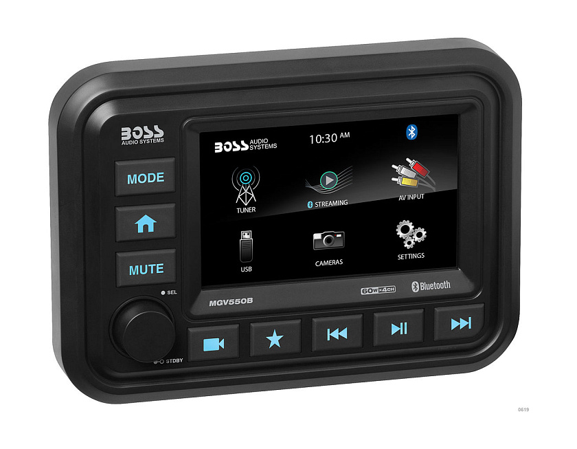 Морская магнитола BOSS Audio MGV550B с 5" сенсорным экраном, Bluetooth и видеовходами (влагозащита IPX6)