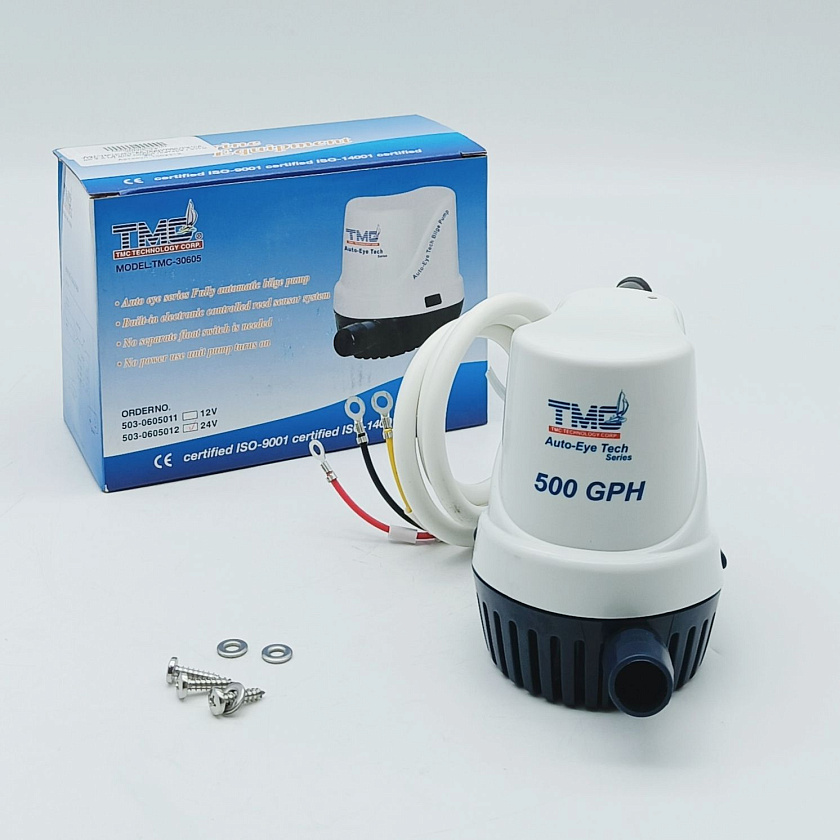 Автоматическая трюмная помпа TMC 24 вольта, 500GPH (1892.5 л/ч, до 2.5 м) для лодки /катера / яхты водооткачивающая, насос водяной трюмный электрический 24В осушительный для откачки воды на судне