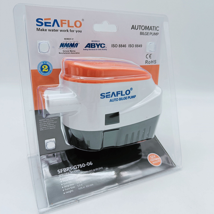 Автоматическая осушительная помпа SeaFlo 12 вольт, 750GPH (2838,75 л/час), для лодки (насос 12 В осушительный для откачки воды на судне / помпа водооткачивающая трюмная)