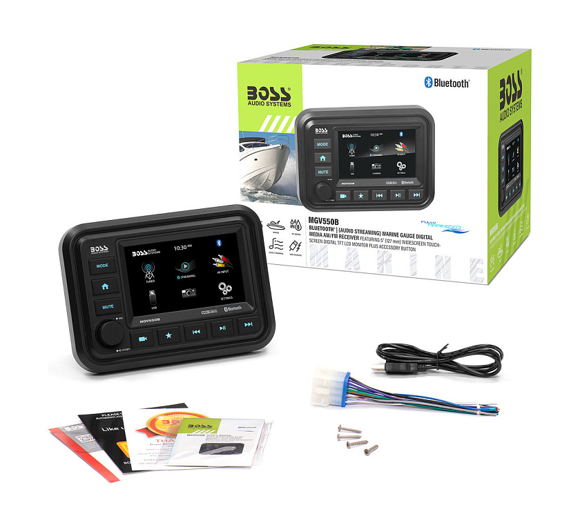 Морская магнитола BOSS Audio MGV550B с 5" сенсорным экраном, Bluetooth и видеовходами (влагозащита IPX6)